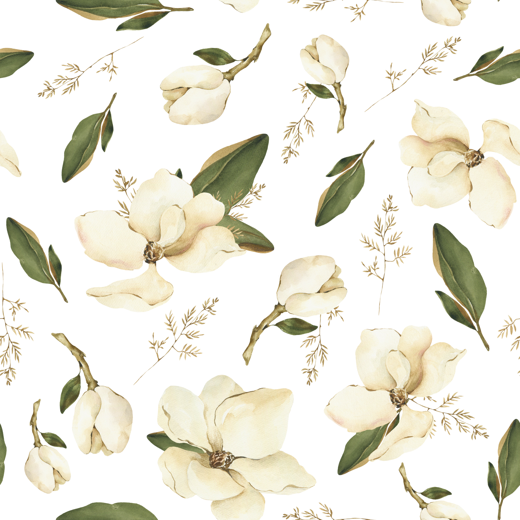 Watercolor Magnolia seamless pattern.